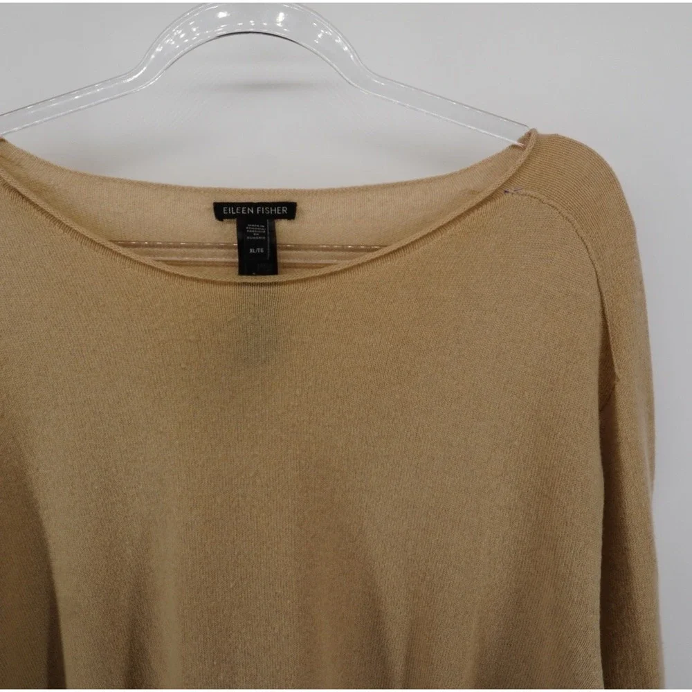 Eileen Fisher 100% Cashmere Boat Neck Sweater Camel Tan XL Minimalist Luxury